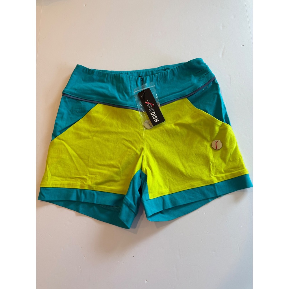 SwingDish Womens Teal Neon Yellow Colorblock Golf Athletic Shorts Size M NWT